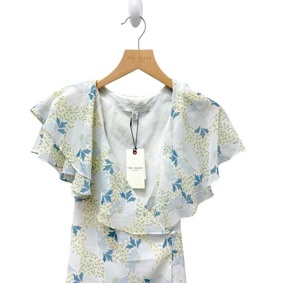NWT TED BAKER Gemmiaa Floral Print Ruffle Wrap Blouse Blue Size 1 (4 US) - Picture 8 of 14